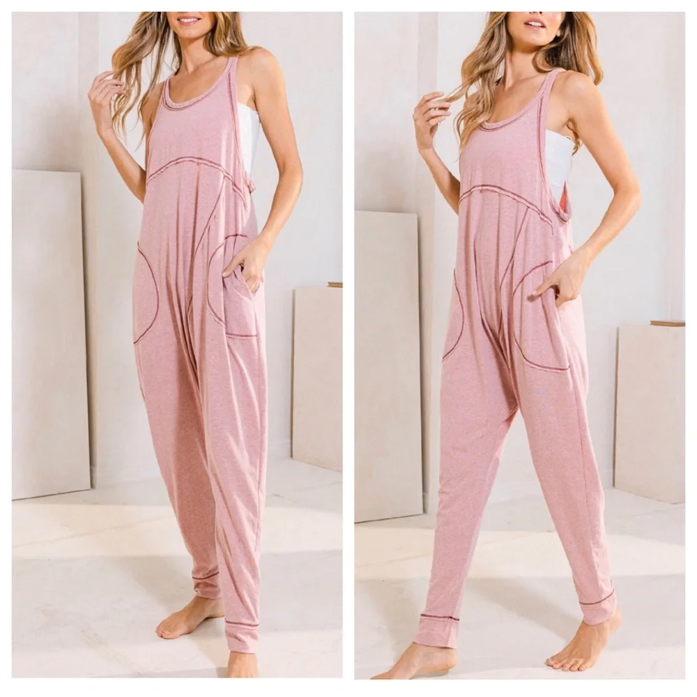 14 Boho Most Comfy Sleeveless Solid Harem Jumpsuit - Picture 2 of 3